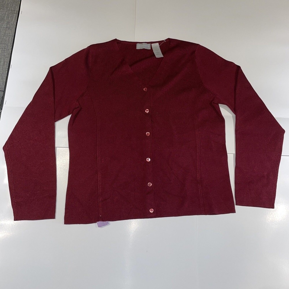 Liz Claiborne Petite M Cardigan Button-down V-Neck Sweater Burgundy